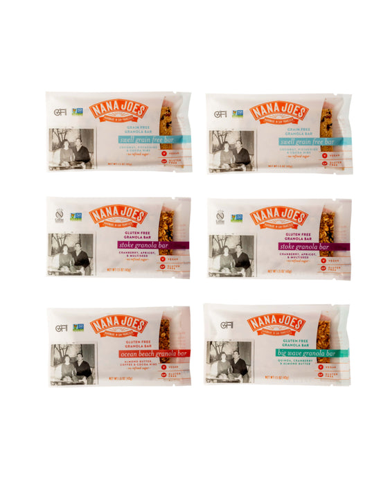 Six assorted Nana Joes Granola Bars on a white background