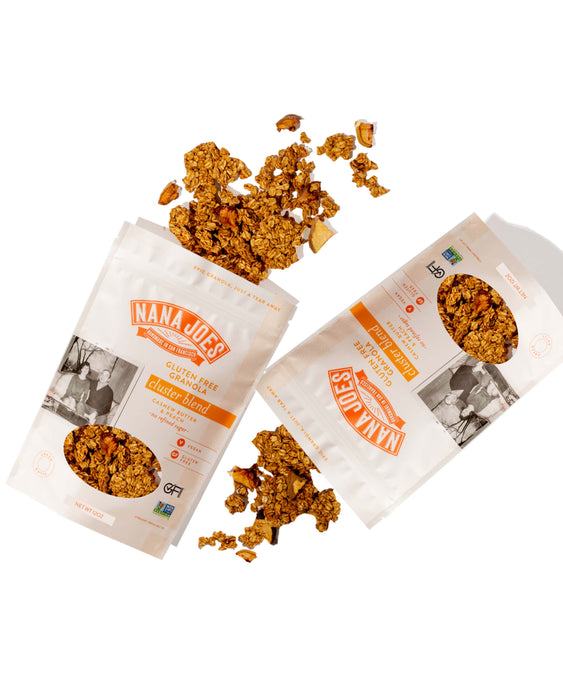 Nana Joes Granola Organic Cluster Peach and Cashew Butter blend, 2 bags spilled