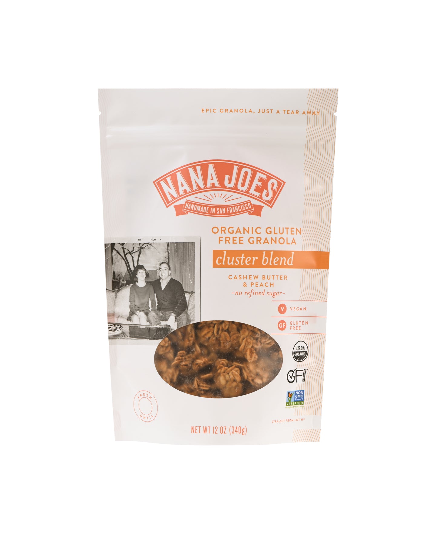 Nana Joes Granola Organic Cluster Peach and Cashew Butter blend, front of bag