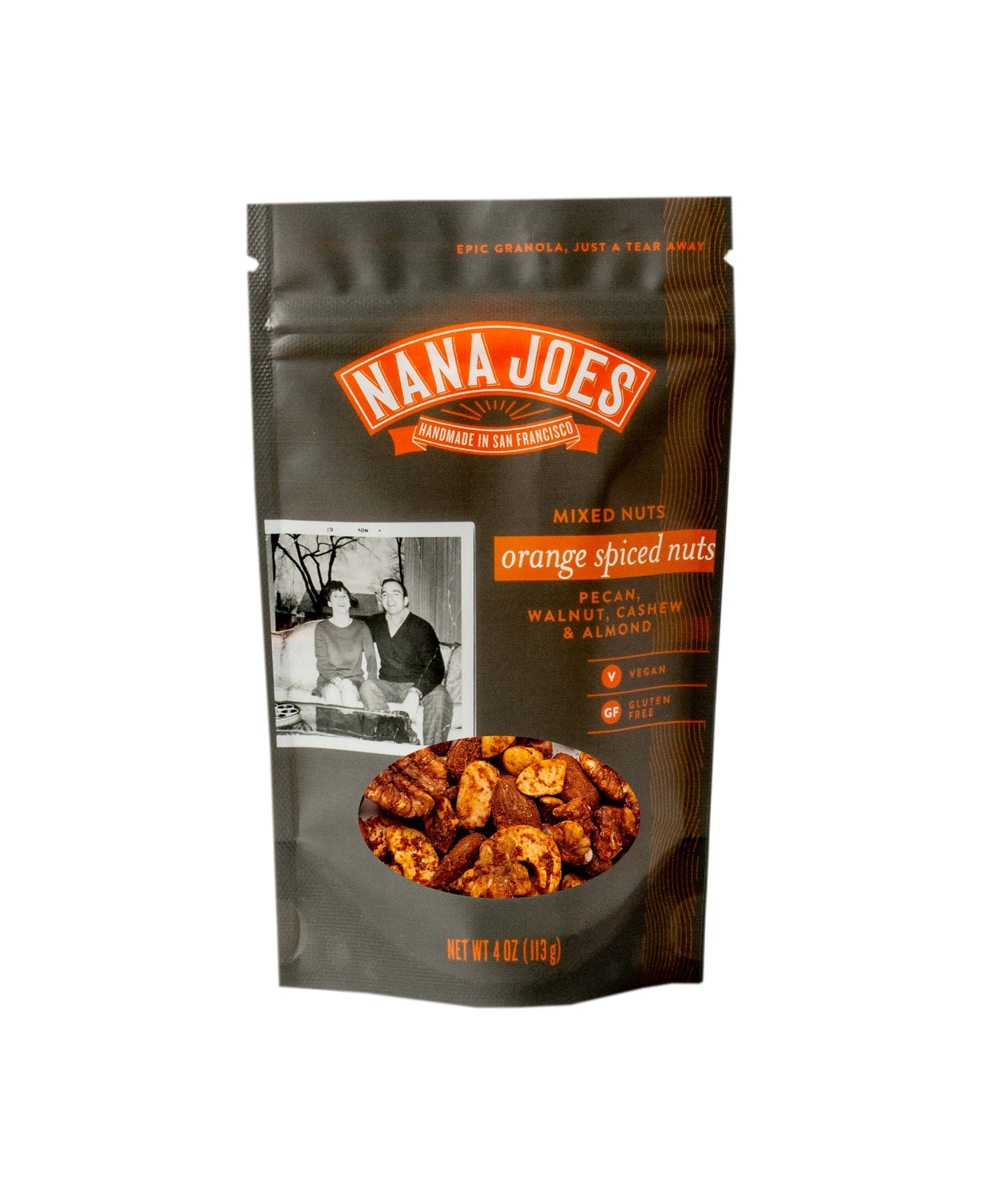 A bag of Orange Spiced Mixed Nuts by Nana Joes Granola on a white background
