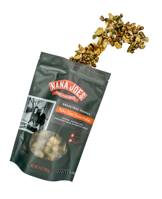 Paleo Texas Twisted Praline blend by Nana Joes Granola, bag spilling on white background