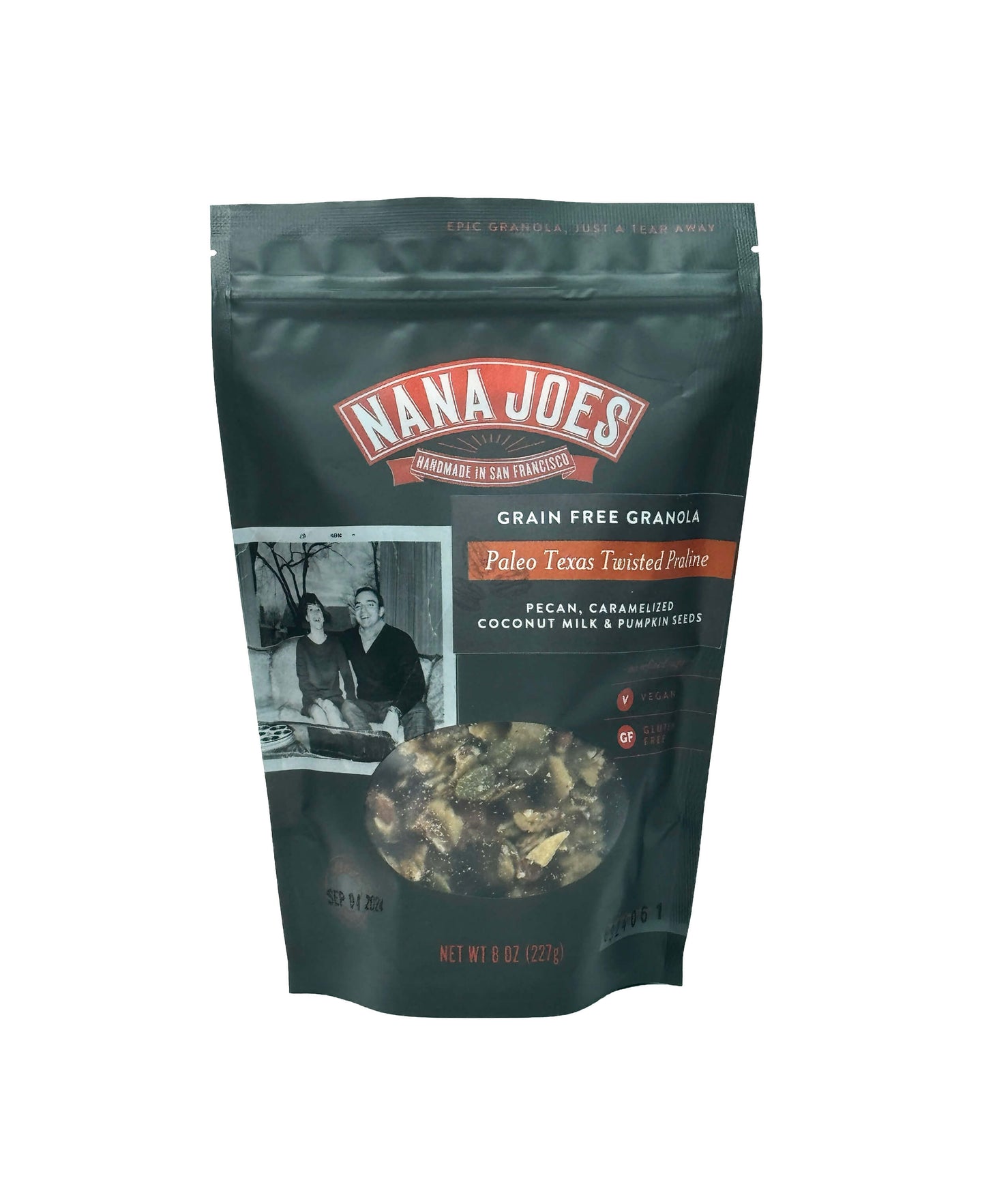 Paleo Texas Twisted Praline blend by Nana Joes Granola, front of back on white background