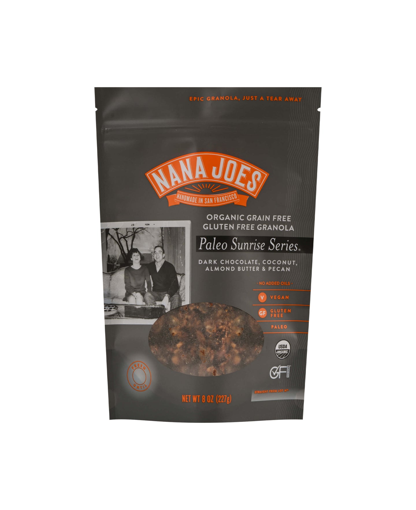 Paleo Sunrise Series, Dark Chocolate, Coconut, Almond Butter and Pecan. Front of bag on a white background.