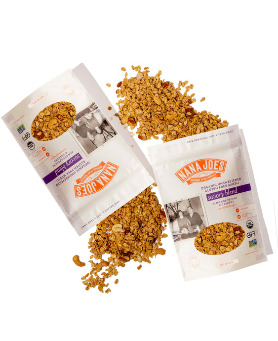 Nana Joes Granola Organic Savory Muesli Blend, two bags spilled on white background