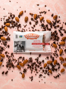 Ocean Beach Granola Bar lifestyle with almond butter, coffee and cocoa nibs, certified gluten free